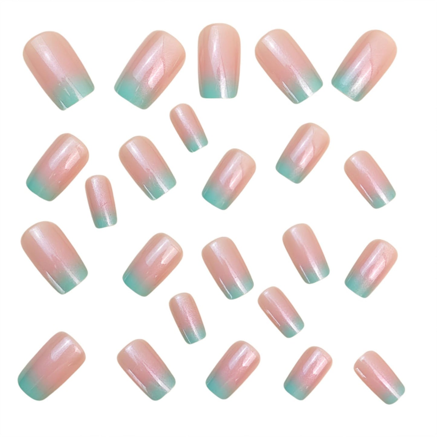 SINHOT Square Press on Nails - Short Fake Nails, Glossy Finish, Pink Blue Gradient & Bling, DIY Artificial False Nail Art - 24 Pcs Nail Kit with Glue