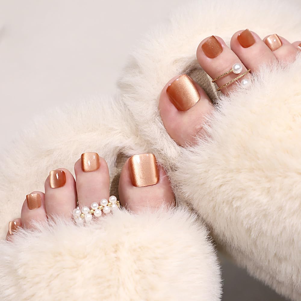 Gold Press on Toenails Short Square Fake Toe Nails Shiny Glitter Acrylic Toenails Bling False Toenails with Finish Amber Designs Glossy Artificial Glue on Nails for Women Girls 24Pcs