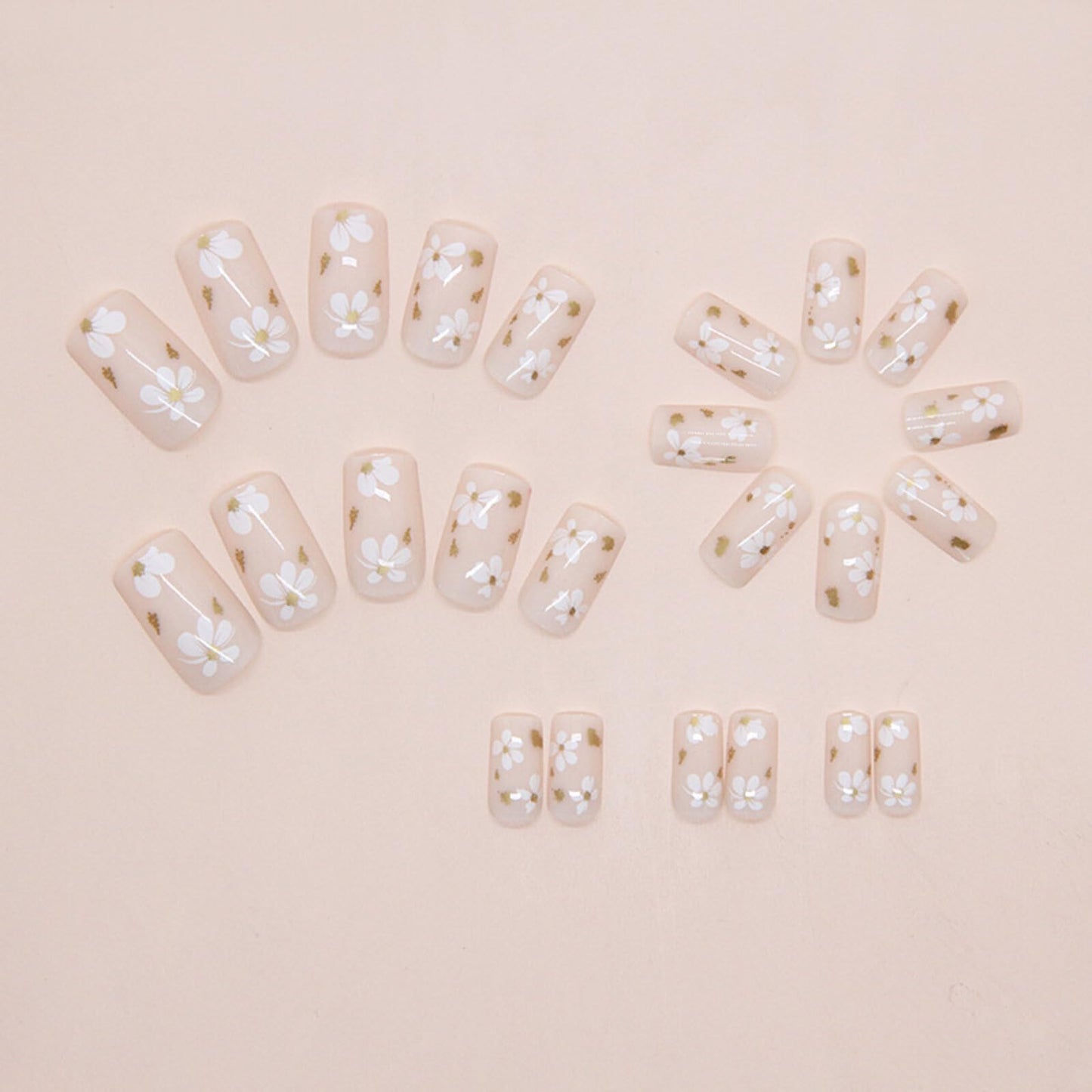 Floral Medium Square Press on Nails Nude Base White Floral Accents Gold Foil Details Glossy Finish Reusable Spring Nails Easy Apply Fashion Party Wear Durable Trendy Women Girls Nail Art 24 Pcs