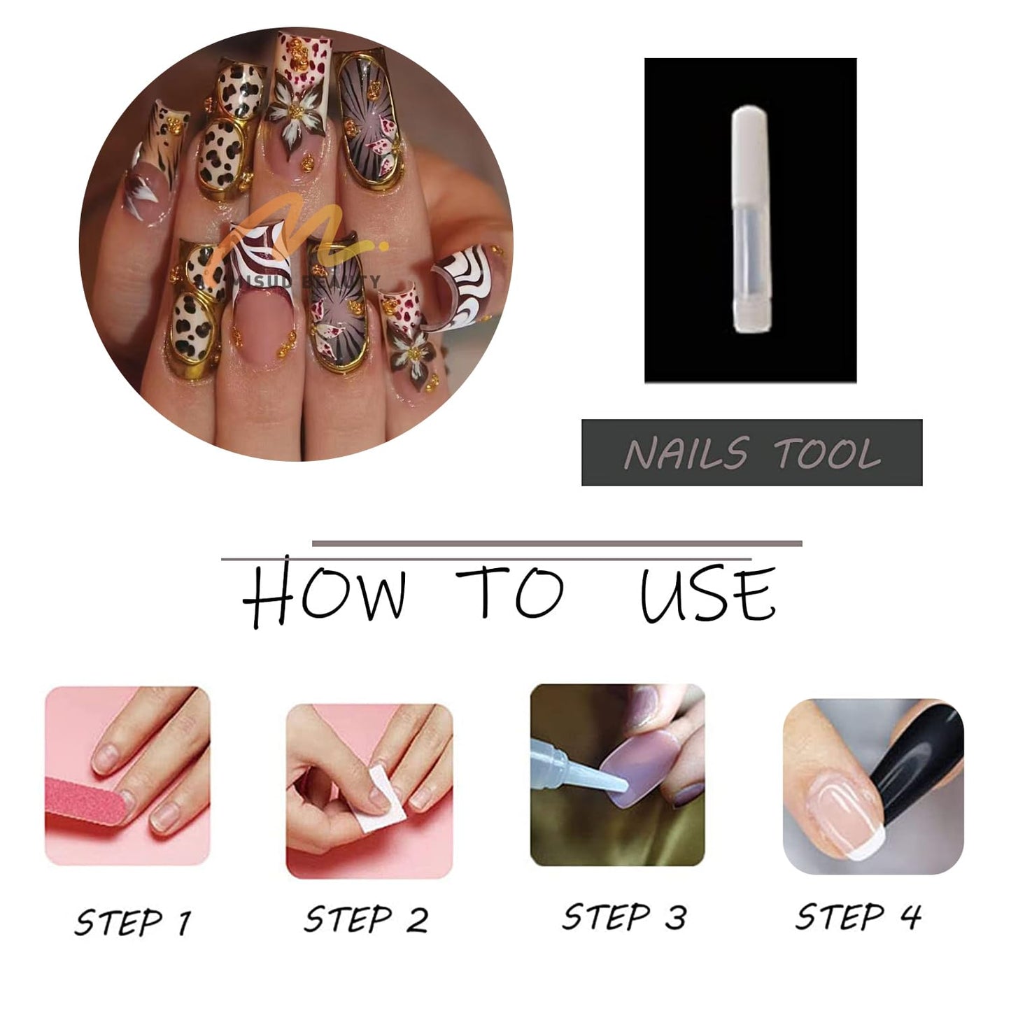 MISUD Press on Nails - Long Square Fake Nails with Brown Flower Cheetah, Acrylic Gold Chrome Design 24 pcs