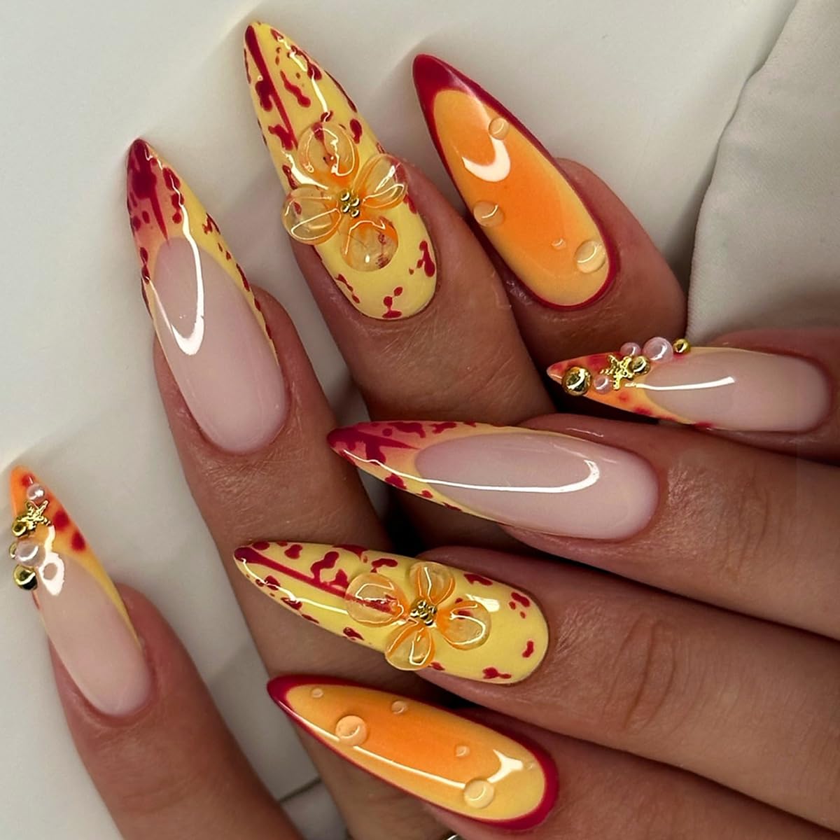 Long Stiletto Coral Press on Nails - French Tip with 3D Flower & Gold Starfish, Full Cover Glossy Fake Nails 24PCS for Women