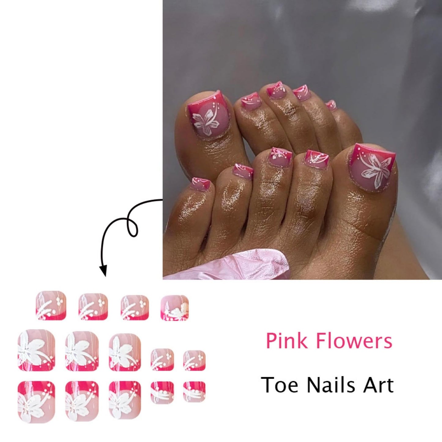 Pink French Press on Toenails Short Square Fake Toe Nails Flowers False Toenails Shiny Glossy Full Cover Acrylic Glue on Toenails Cute Toe Nails Artificial Stick on Toenails for Women 24 Pcs