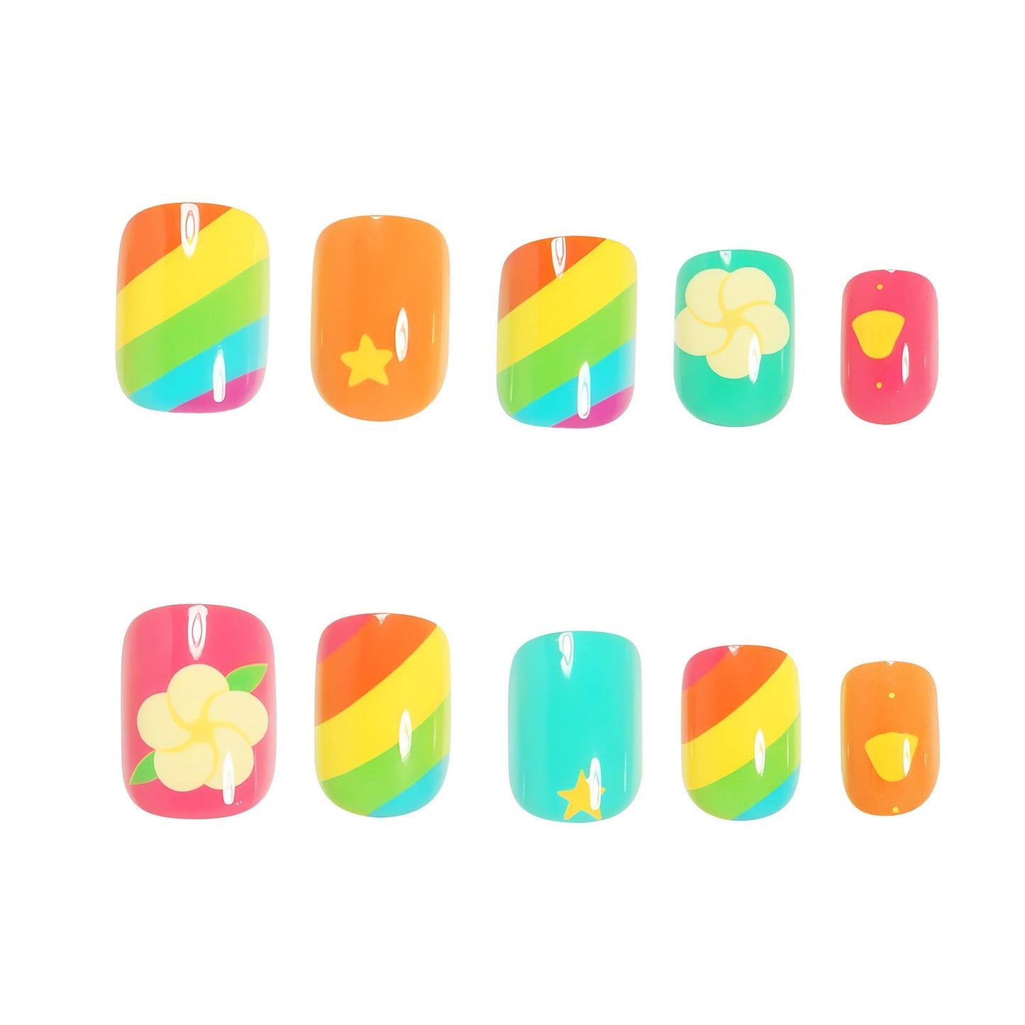 CTTHNBD Short Press on Nails Square - Colorful Fake Nails with Flower Star Design - Summer, Cute False Nails Press ons - for Women 24 Pcs