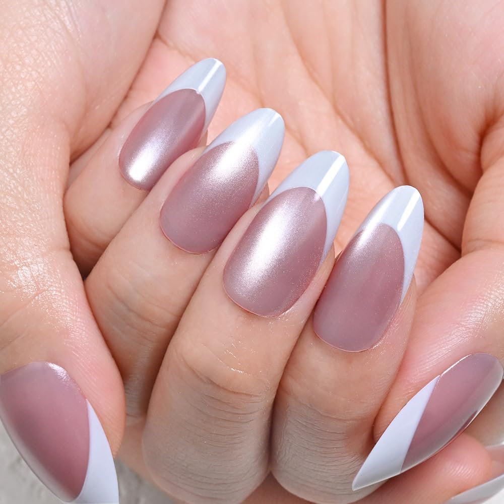 evpct Mauve Cat Eye French Tip Press on Nails Almond Medium No Glue, White French Tip Medium Almond Holographic Stick on Nails for Women, Reusable Full Cover Soft Press on Nail Perfectly with Design