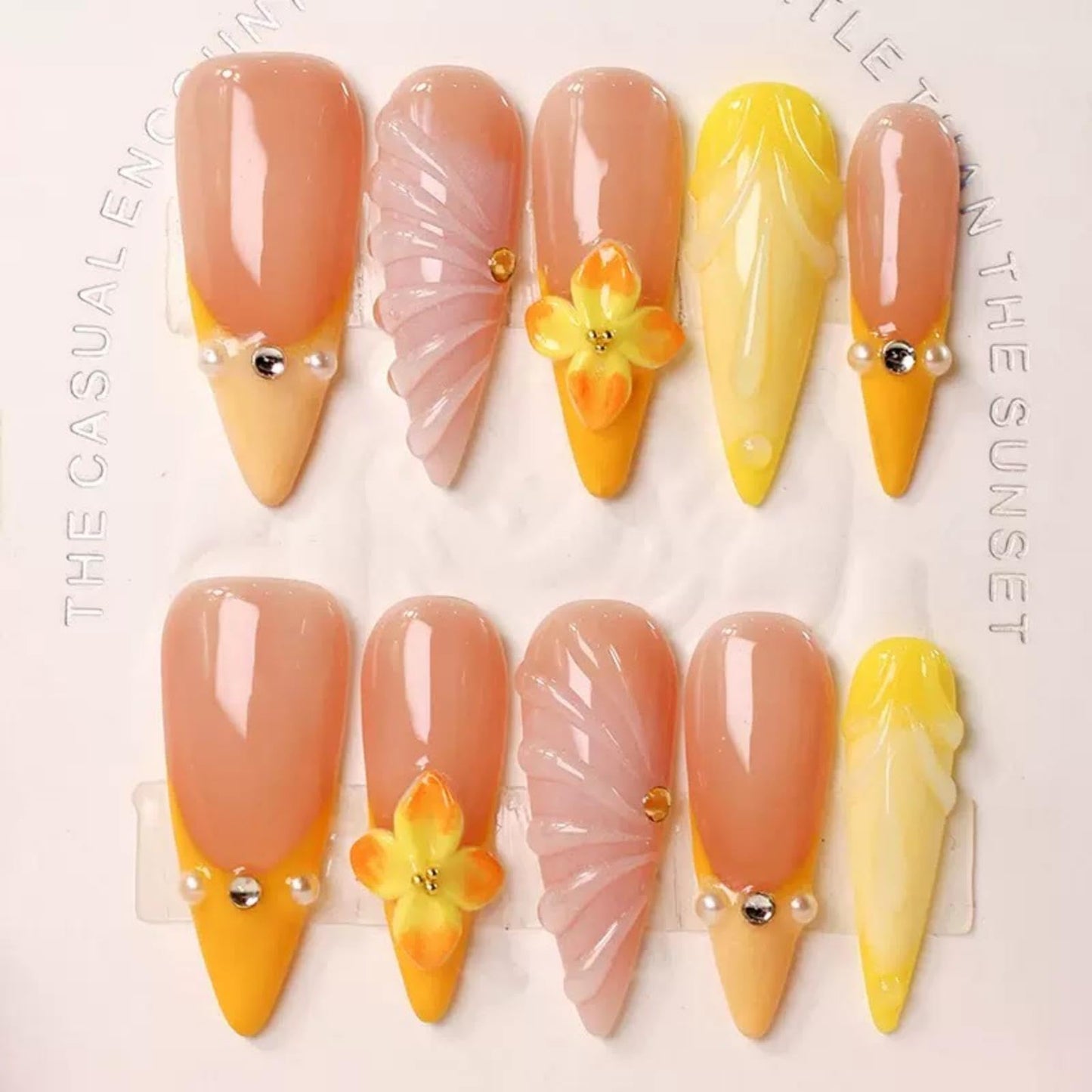 100% 5D Handmade Press on Nails with Charms Long Stiletto Nails Press ons- French Tips False Nails Ombre Orange Yellow Press on Nails Summer Fake Nails for Women Girls Daily Wear DIY Manicure Size S