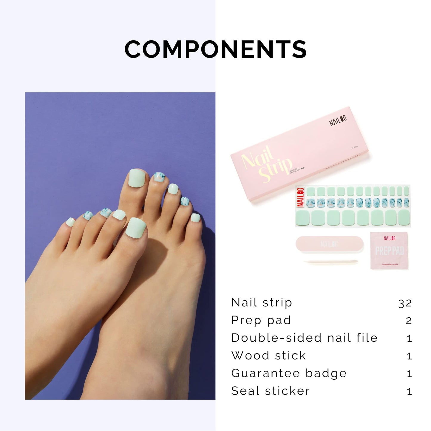 NAILOG Semi Cured Gel Nail Strips, Toe Nail Polish Strips with Glossy Gel Finishing | Buy 3 Get 1 UV Lamp| 32 Pieces Long Lasting Pedi Stickers| Baby Blue