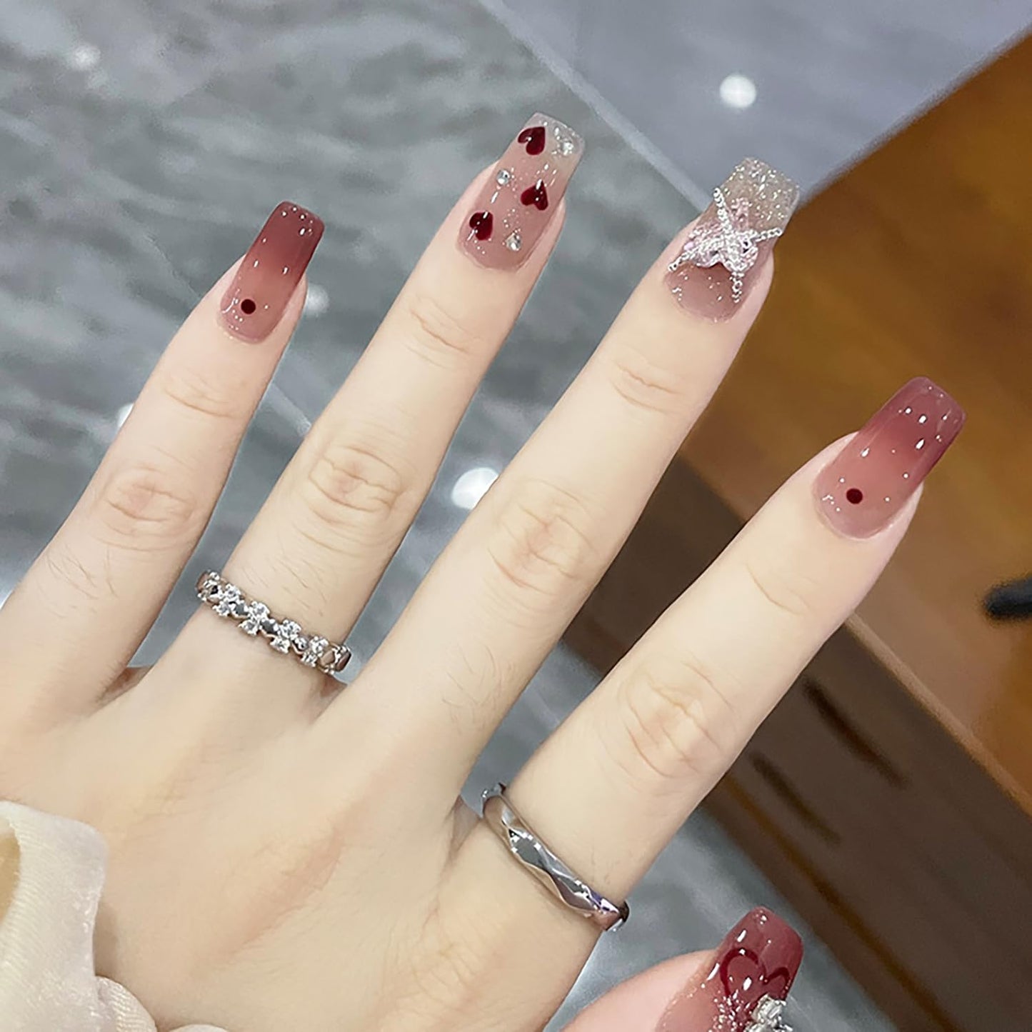 Vezocim Press on Nails Square Medium 24Pcs Glossy Full Cover Coffin Red Fake Nails with Heart Rhinestone Designs Artificial Acrylic False Nails Medium Square Fingernails for Women