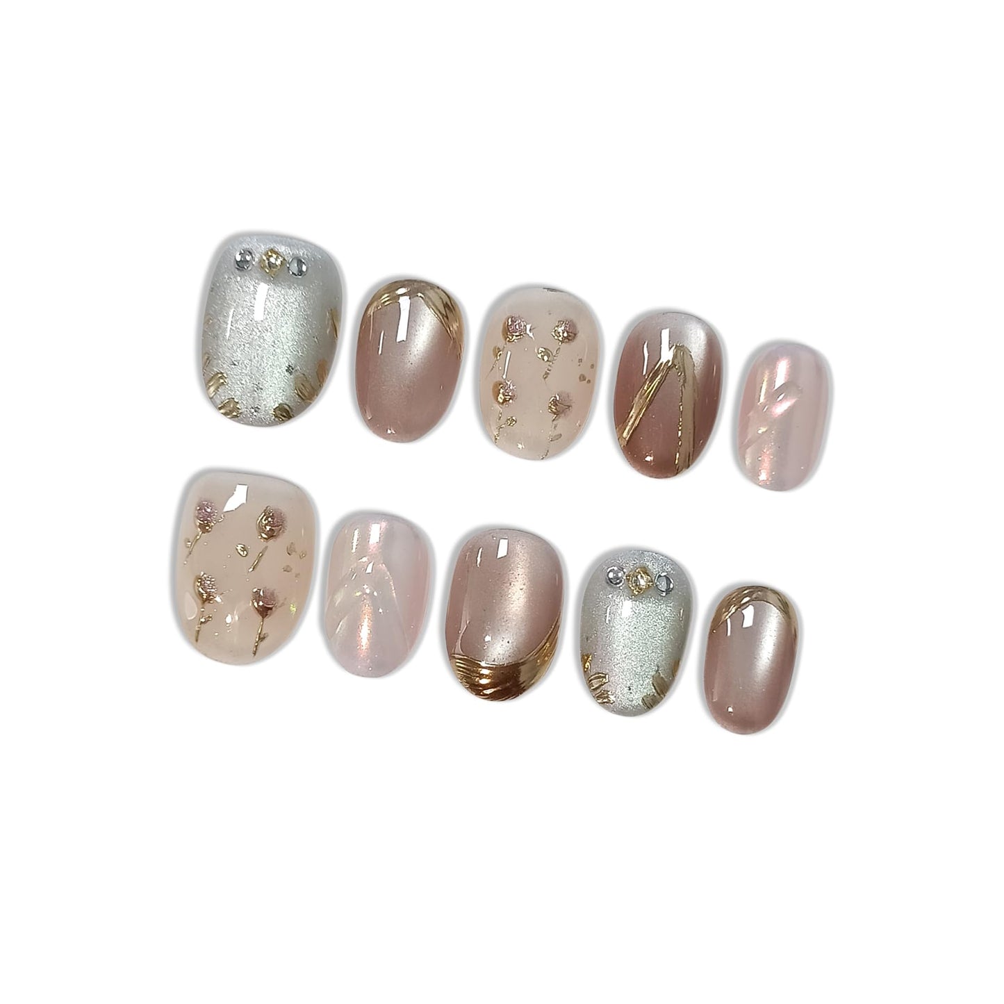 Hantyer Soft Glam Pink Cat Eye Press on Nails with Hand-Painted Tulips, Rhinestones & Gold Lines - Short Oval Glossy Fake Nails, Reusable Elegant False Nails for Women Fall Winter Party Date, Size M
