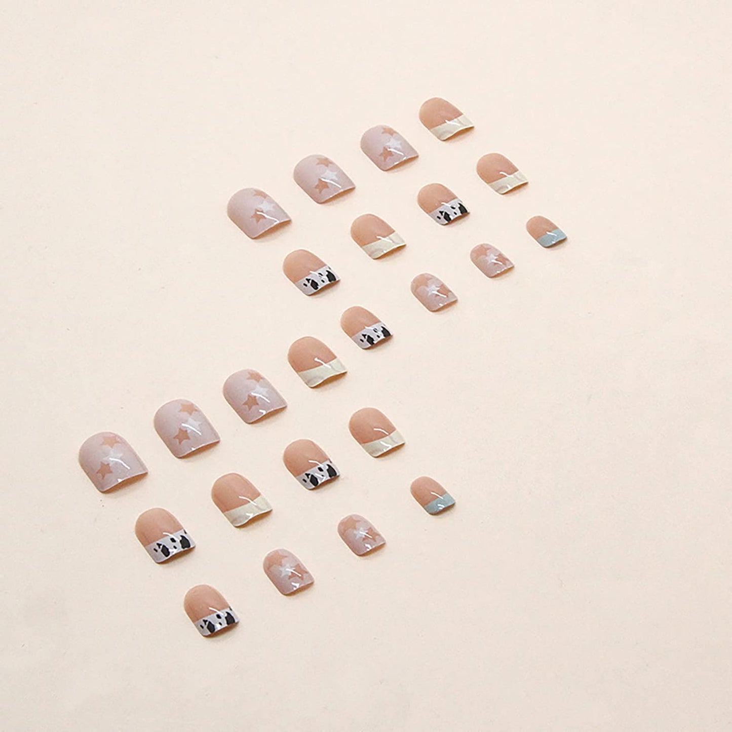 Glue on Nail Short Square Length, 24Pcs Full Cover Reusable False Nails, Press on Nails with French Leopard Designs Artificial Coffin Acrylic Fake Nails for Women Stick on Nails with Charm Decorations