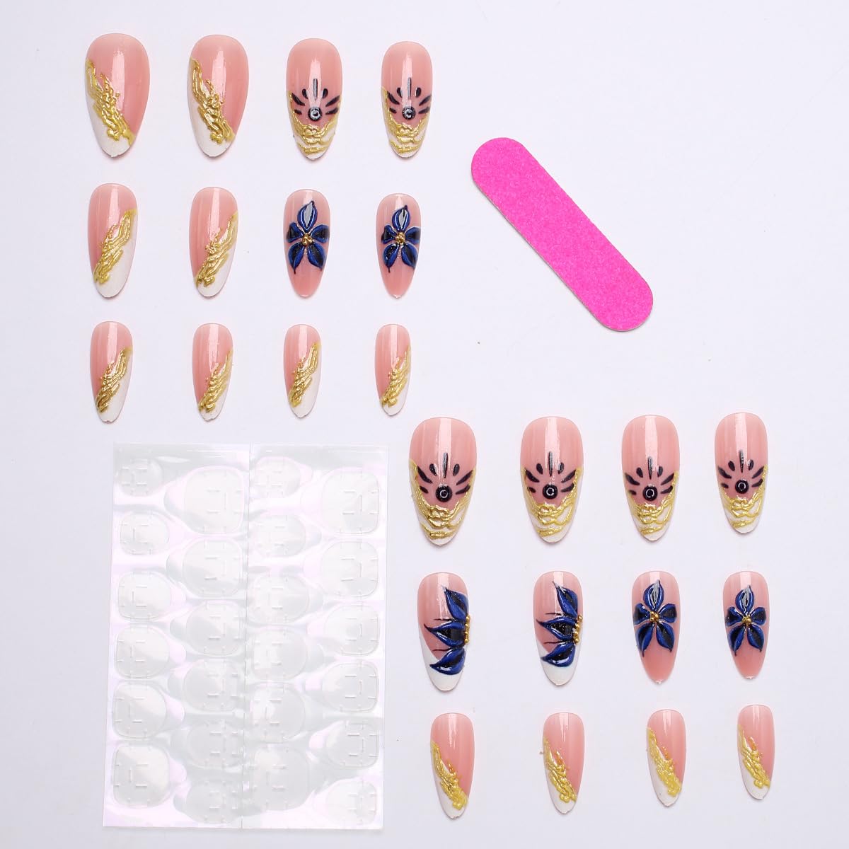 24Pcs Blue Floral Press on Nails Almond Shape Chrome Gold French Tip Fake Nails Medium Length Artificial Nails Flowers Acrylic Nails Full Cover Stick on Nail for Women Wedding Party Daily DIY Nail Art