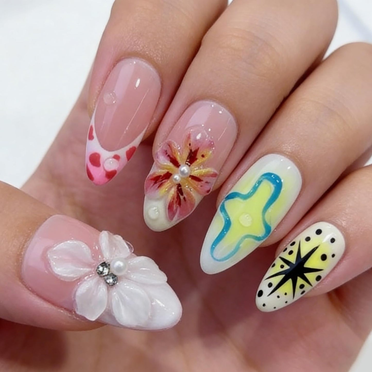 Floral Handmade Medium Almond Press on Nails Nude Pastel 3D Floral Star Patterns Rhinestone Pearl Glossy Finish Reusable Spring Nails Easy Apply Fashion Durable Trendy Women Girls Nail Art 24 Pcs（M）