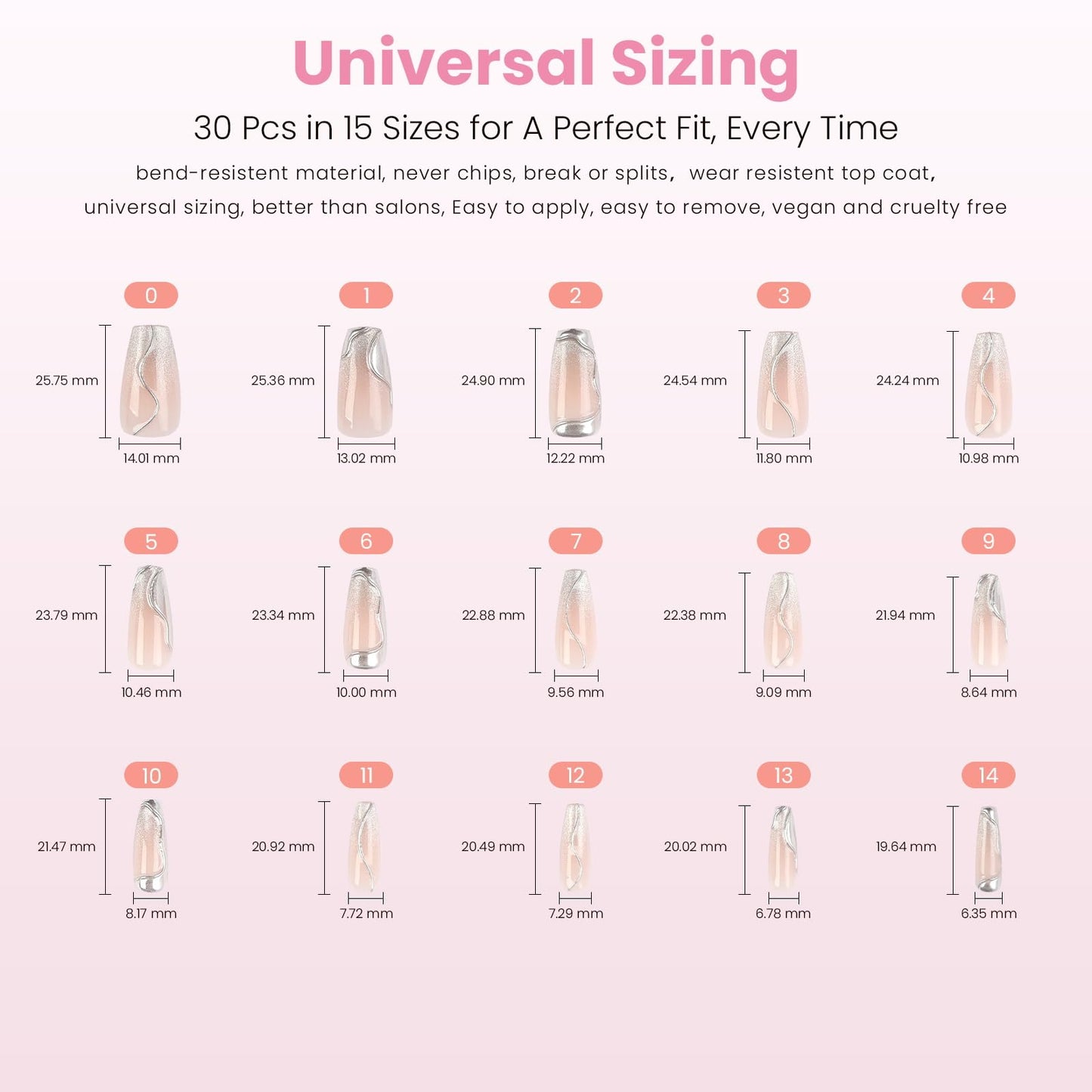 Nail Reformation Press On Nails, Shooting Star | Pink Long Coffin Fake Nails with 3D Metallic in a Glitter Finish, Reusable Stick On Nails in 15 Sizes - 30 False Nail Kit with Glue, Gifts for Women
