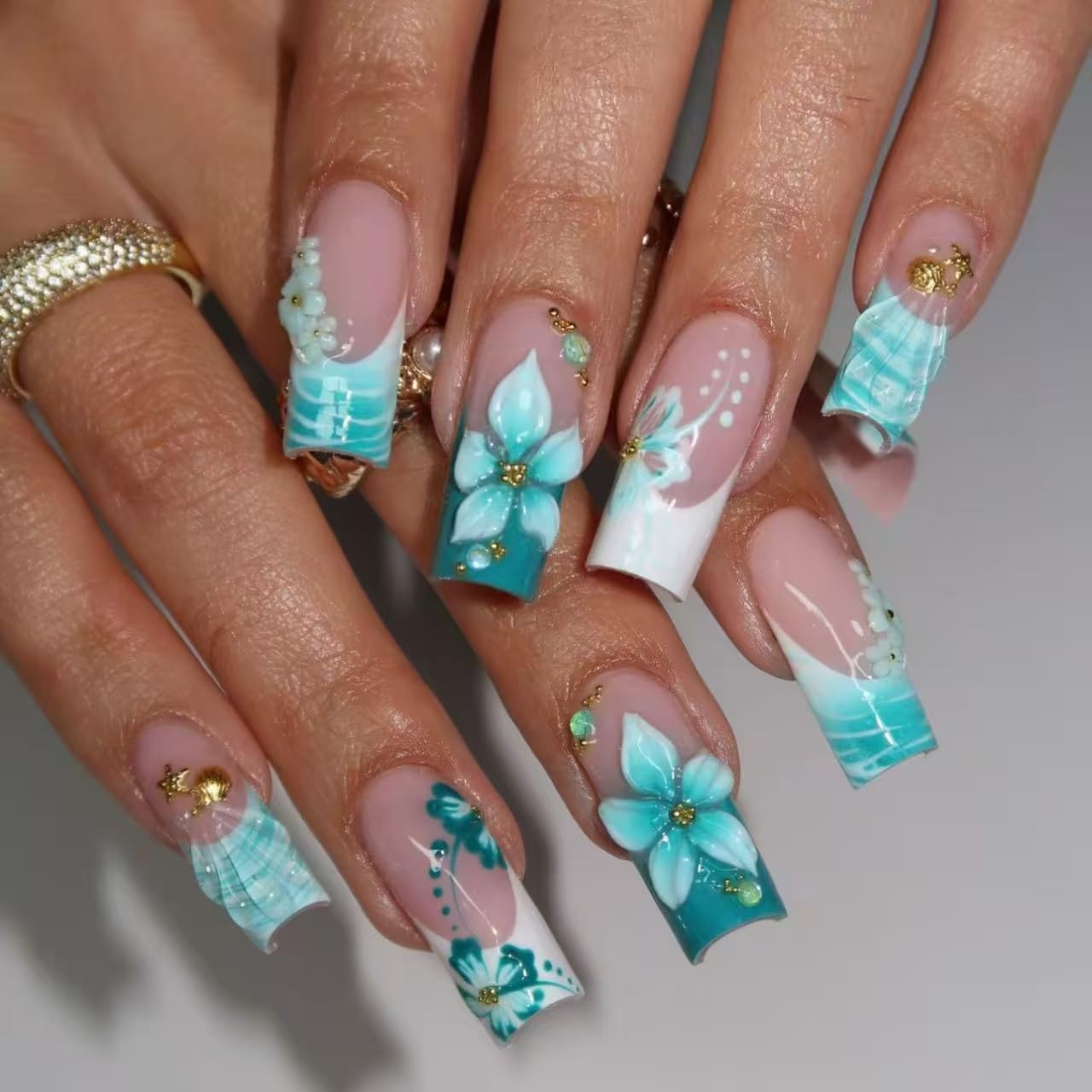 plalely Blue Press on Nails French Tip,Handmade Acrylic Press on French Tip Nails with Flower Designs，Long Square Nail Press Ons for Women 24pcs