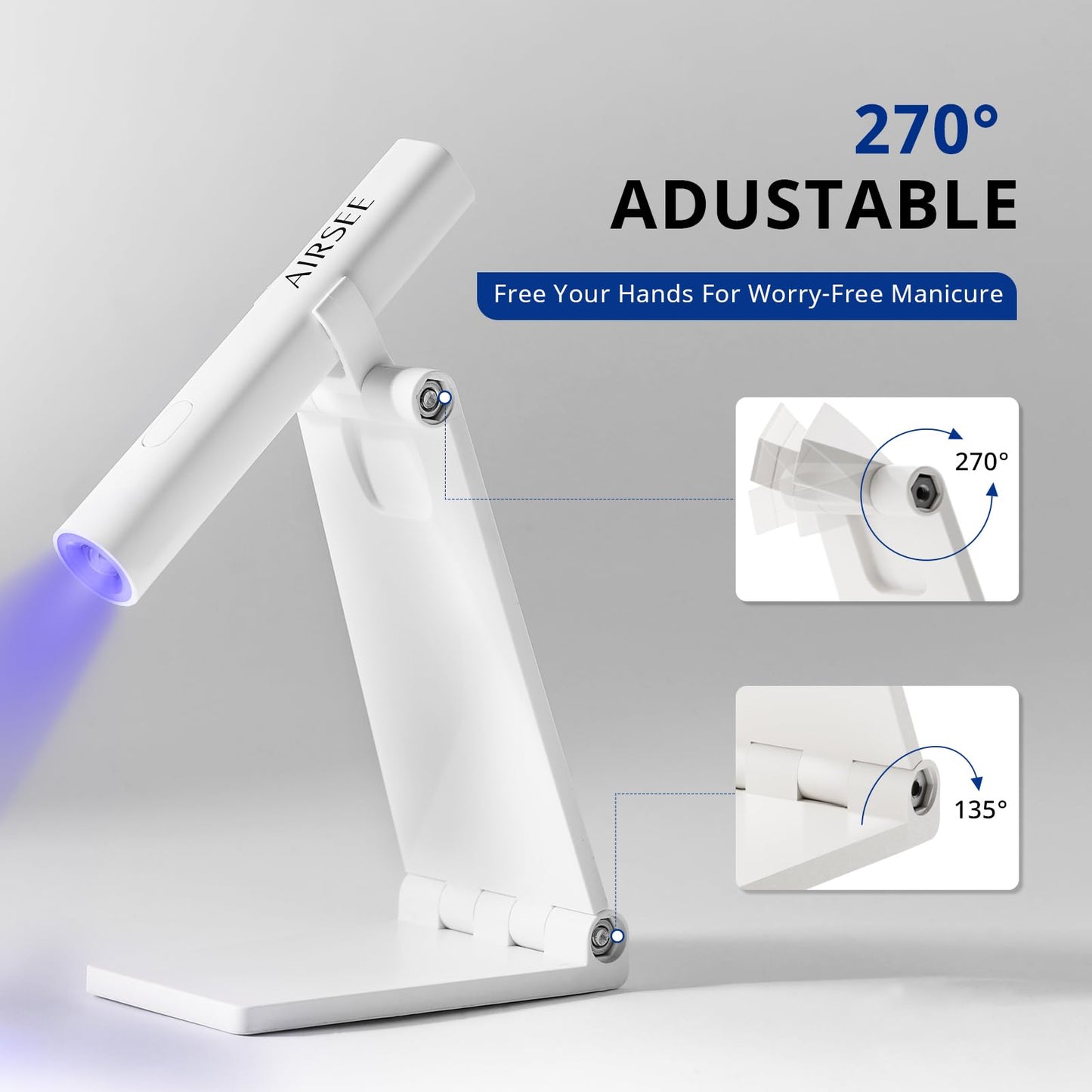 AIRSEE Mini Handheld UV Light for Gel Nails with Stand,Portable Rechargeable Nail Lamps,2 Timers for Fast Extension,Rhinestone Glue Decoration,Gel Nail Strips at Home,Travel(White)