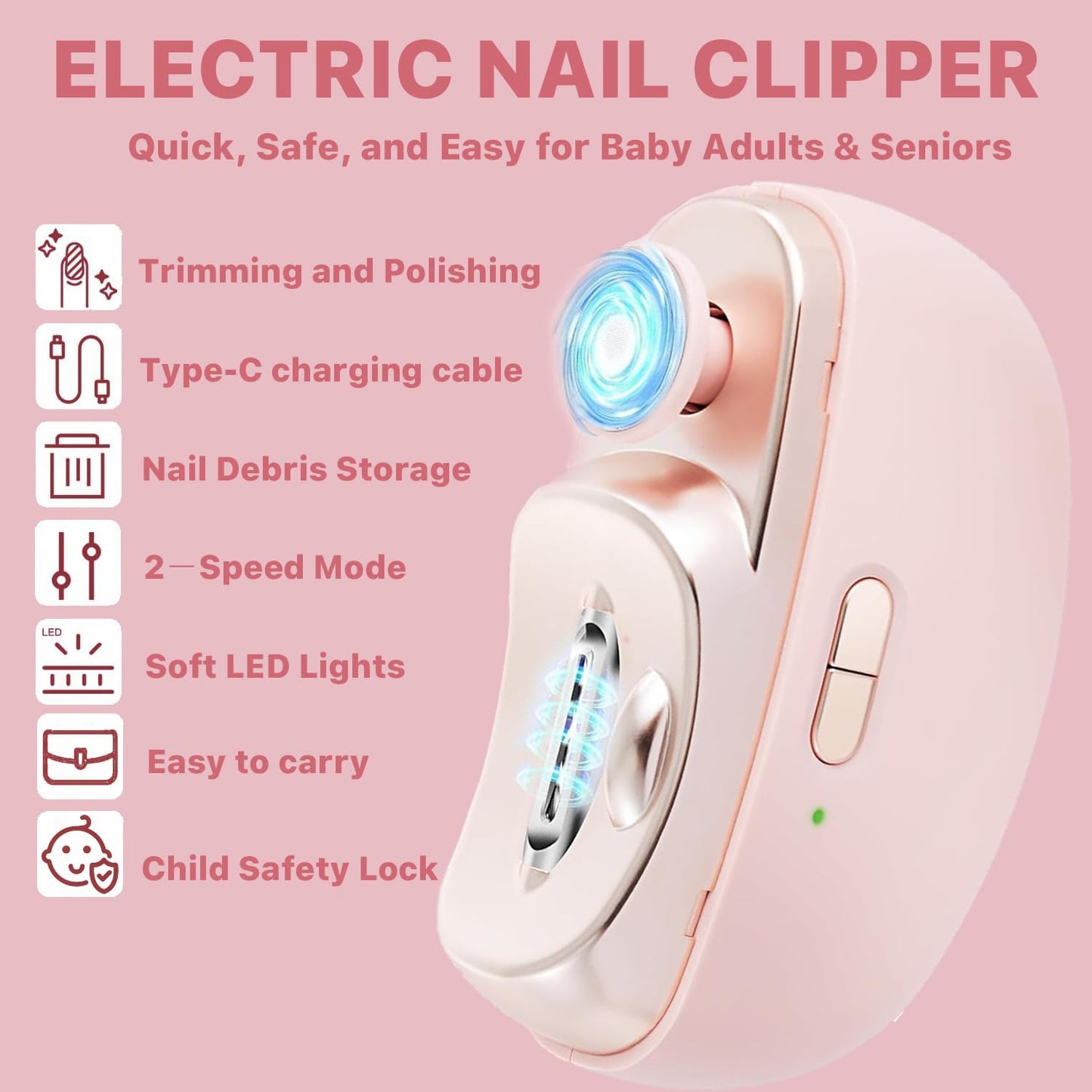 Electric Nail Clipper, Electric Nail Clippers for Seniors, 2026 2 in 1 Multifunctional Electric Nail Trimmer for Adults，Kids with Polishing and 2 Speeds (Pink)