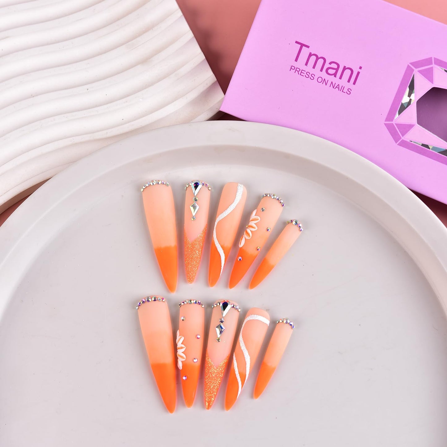 Tmani 10pc/set Extra Long Handmade Press On Nail Hot Girl's Long Ballet Nails Pointed Nail Full of Diamond Glitter Decoration Fake Nails Suitable For Girls Festival Parties and Birthday Gift (235,M)