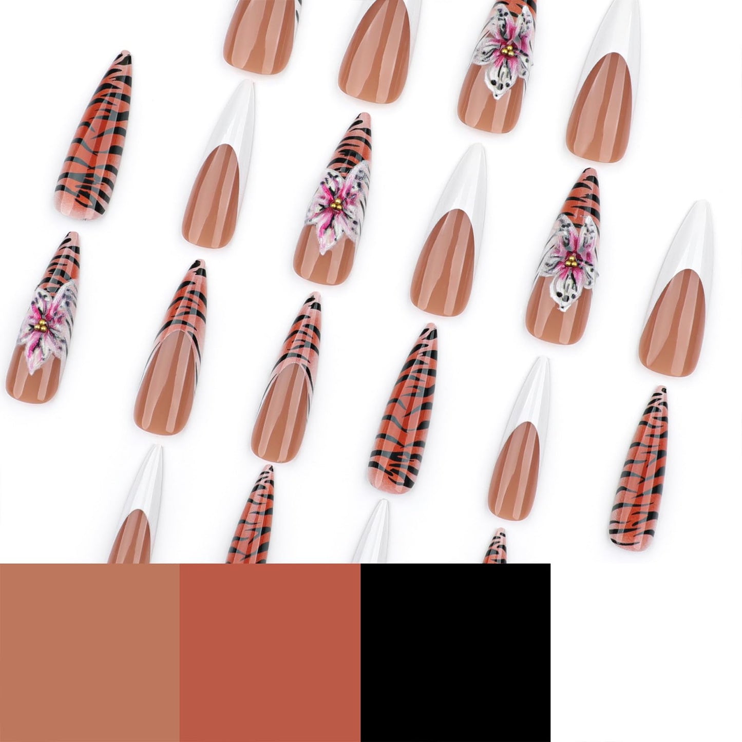 SINHOT Stiletto Press on Nails Long Fake Nails Glossy Glue on Nails Zebra Stripes Acrylic Nail 3D Flower Almond Artificial Nail White French Tip Stick on False Nail with Design 24 pcs