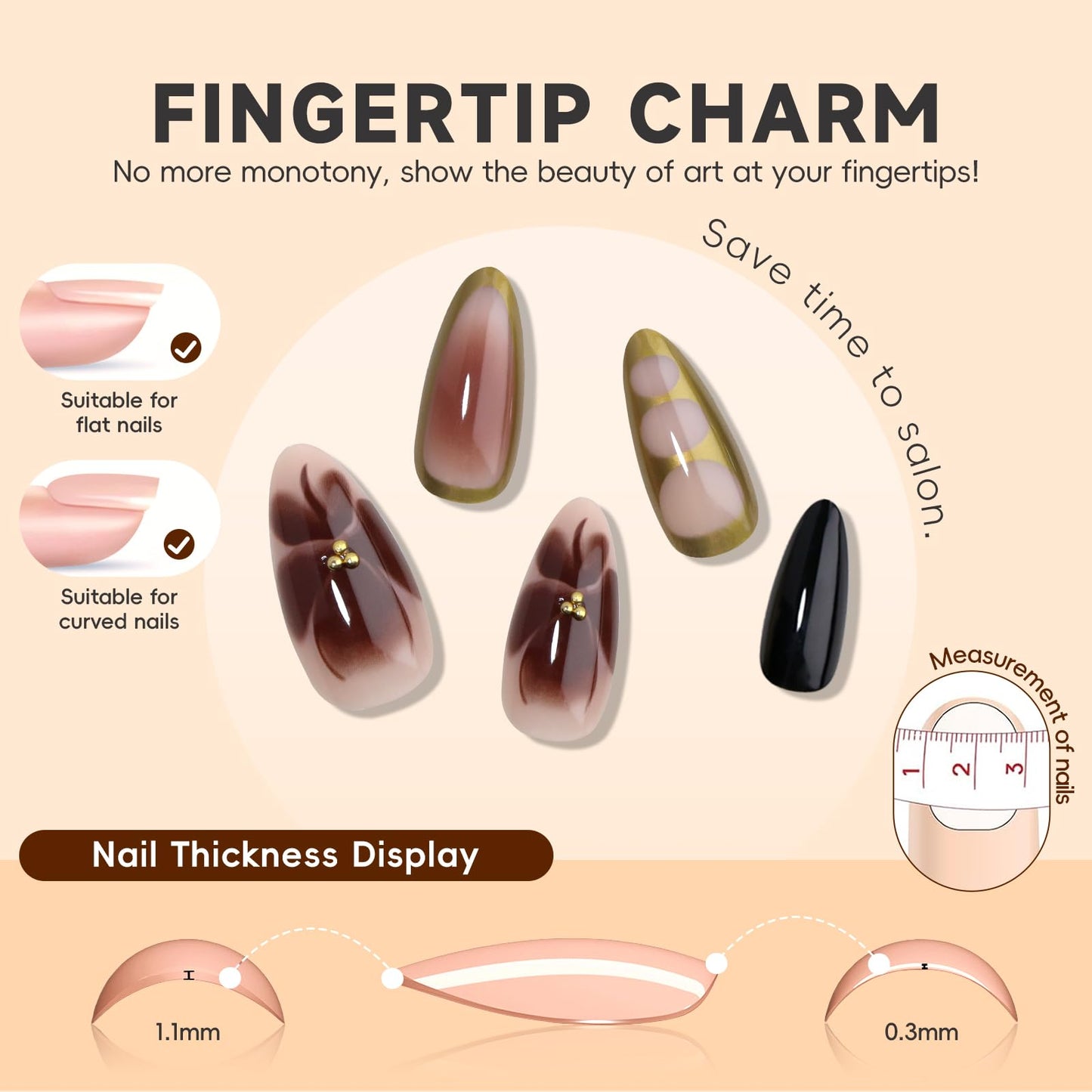 HOSAILY Brown Flower Ombre Press on Nails Medium Almond, Mirror Metallic Gold Floral Gradient Semi-Handmade Full Cover Stick on Nails for Women, 24Pcs Glossy Summer Fall Fake False Nail with Glue