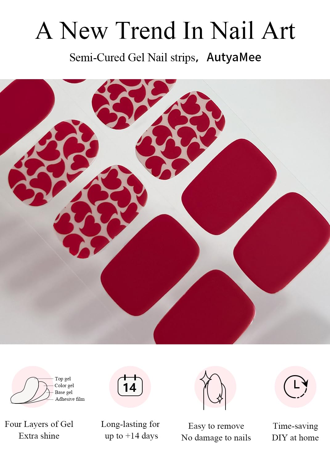 AutyaMee Semi Cured Gel Nail Strips (Matte Red Heart), Valentine's Day, 20 Pcs Gel Nail Wraps, Stickers, Salon Quality, Works with Any UV Lamps