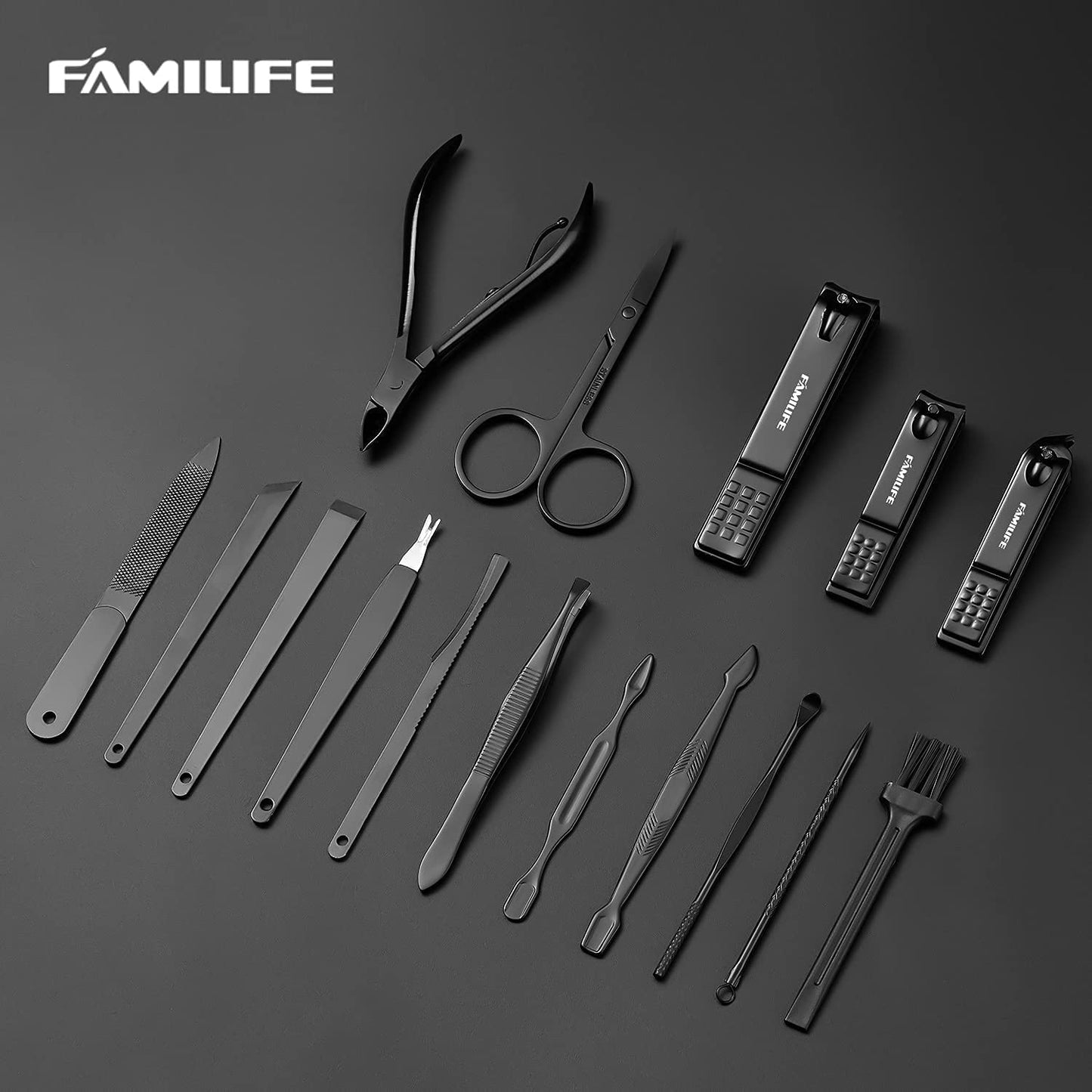 FAMILIFE Manicure Set, Pedicure Kit Nail Clipper Set 16pcs Professional Men Black Grooming Kit and 13pcs Pedicure Kit Rose Gold Nail Clipper Set Professional Manicure Kit Pink Stainless Steel