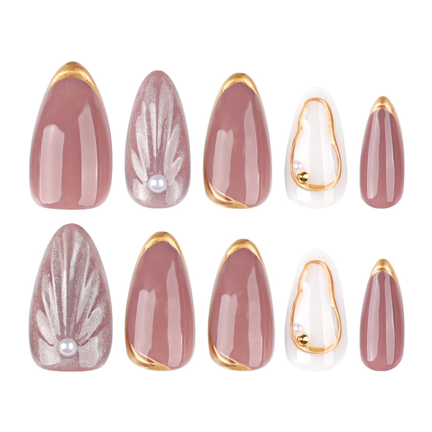 3D Press On Nails Almond Shape, Nude Pink with Gold Edge & Pearl Design, Glossy Luxury Fake Nails Set, 24PCS Reusable Artificial Nails for Women