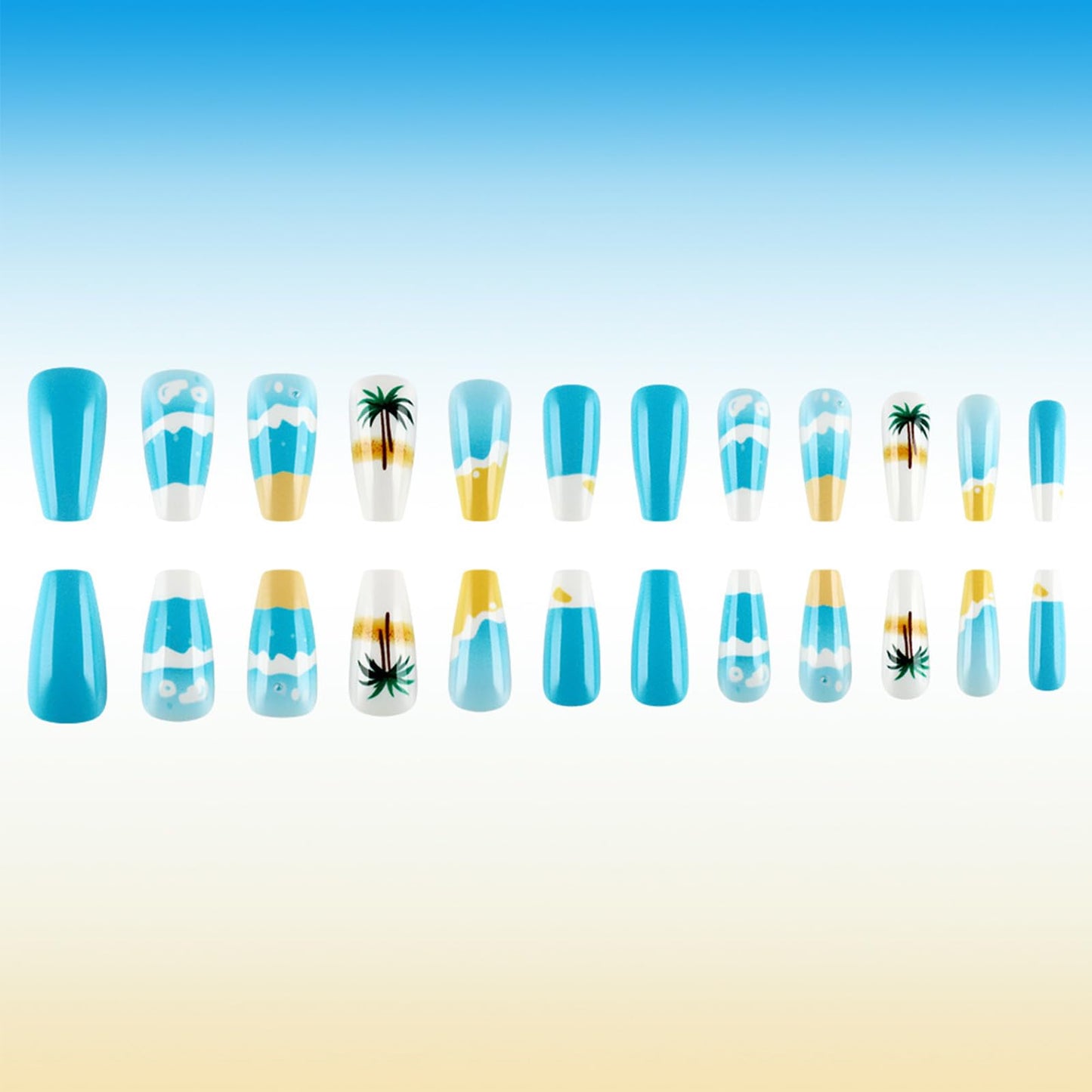 24Pcs Summer Sea Press on Nails Beach Acrylic Medium Coffin Fake Nail Coconut Palm Gel Glue on Nail Glossy White French Tips False Nails Curve Stick on Fingernails for Coquette Women Girls