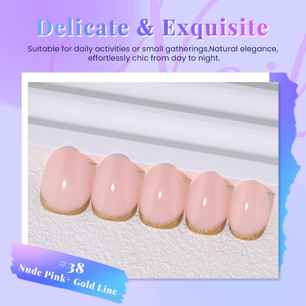 evpct Nude Pink French Press on Nails Short Oval, Short Gold Foil Stick on Nails for Women Gift,Nude Pink Glossy Fake Nail Reusable Soft Gel Press on Acrylic Fake Nail kit with Gold Line Design