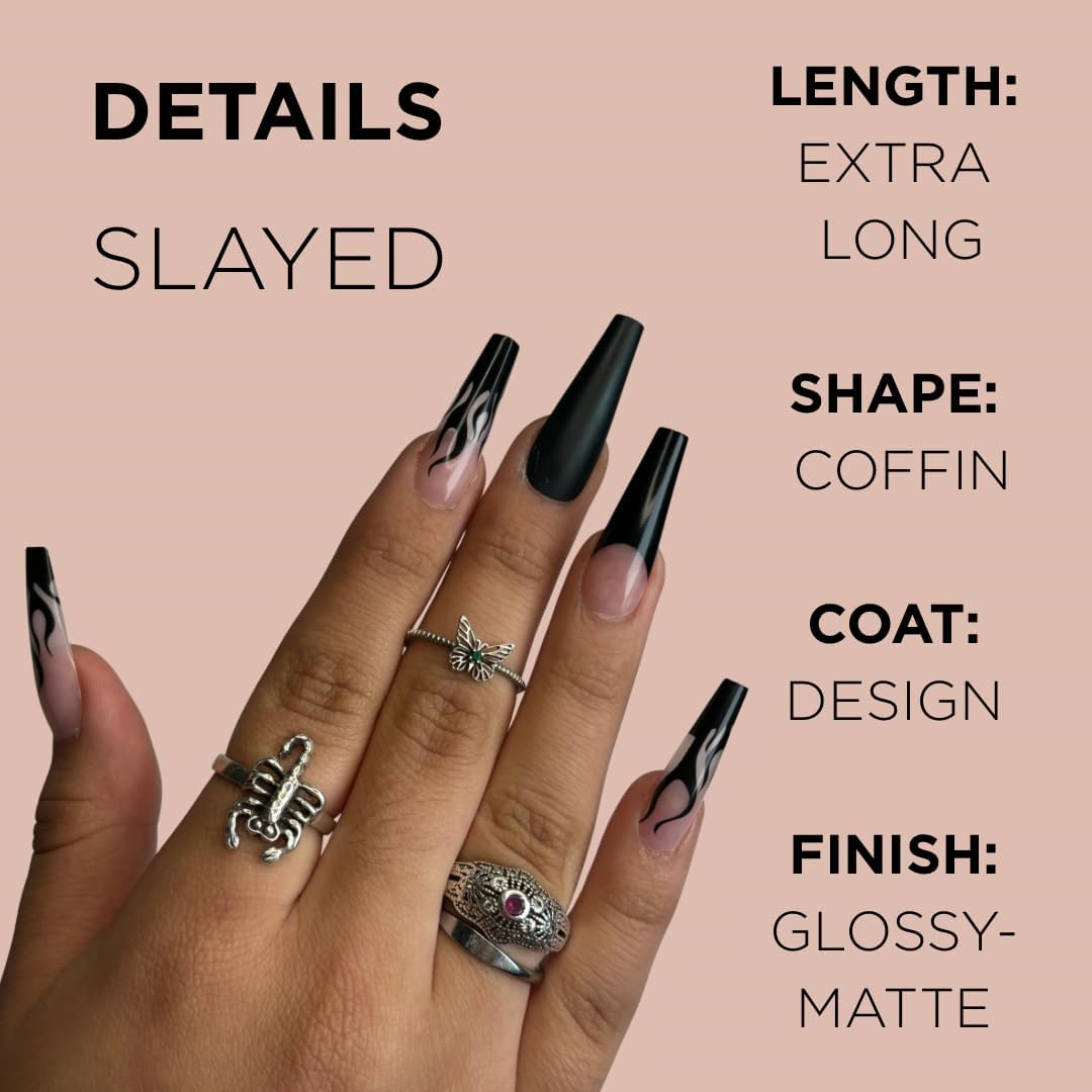 Lavaa Beauty Baddie Nail kIT – SLAYED Black Flame Extra-Long Coffin + ALIEN BADDIE Chrome Ombré Almond Press-On Nails | Reusable Glossy Fake Nails Set for Instant Glam