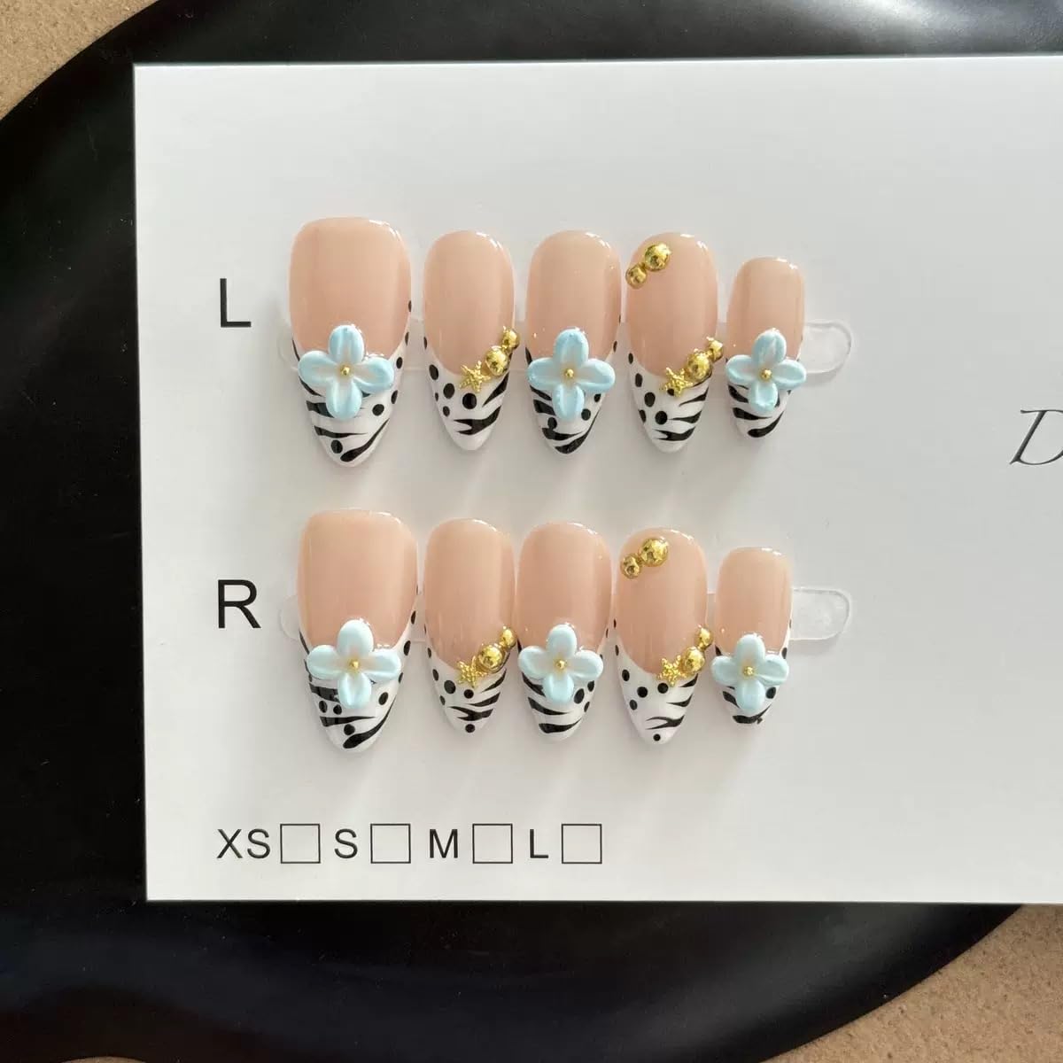 Handmade Press on Nails Almond French Tips with 3D Blue Flowers, Gold Charms and Zebra Print, Glossy Finish 10 Count M Size
