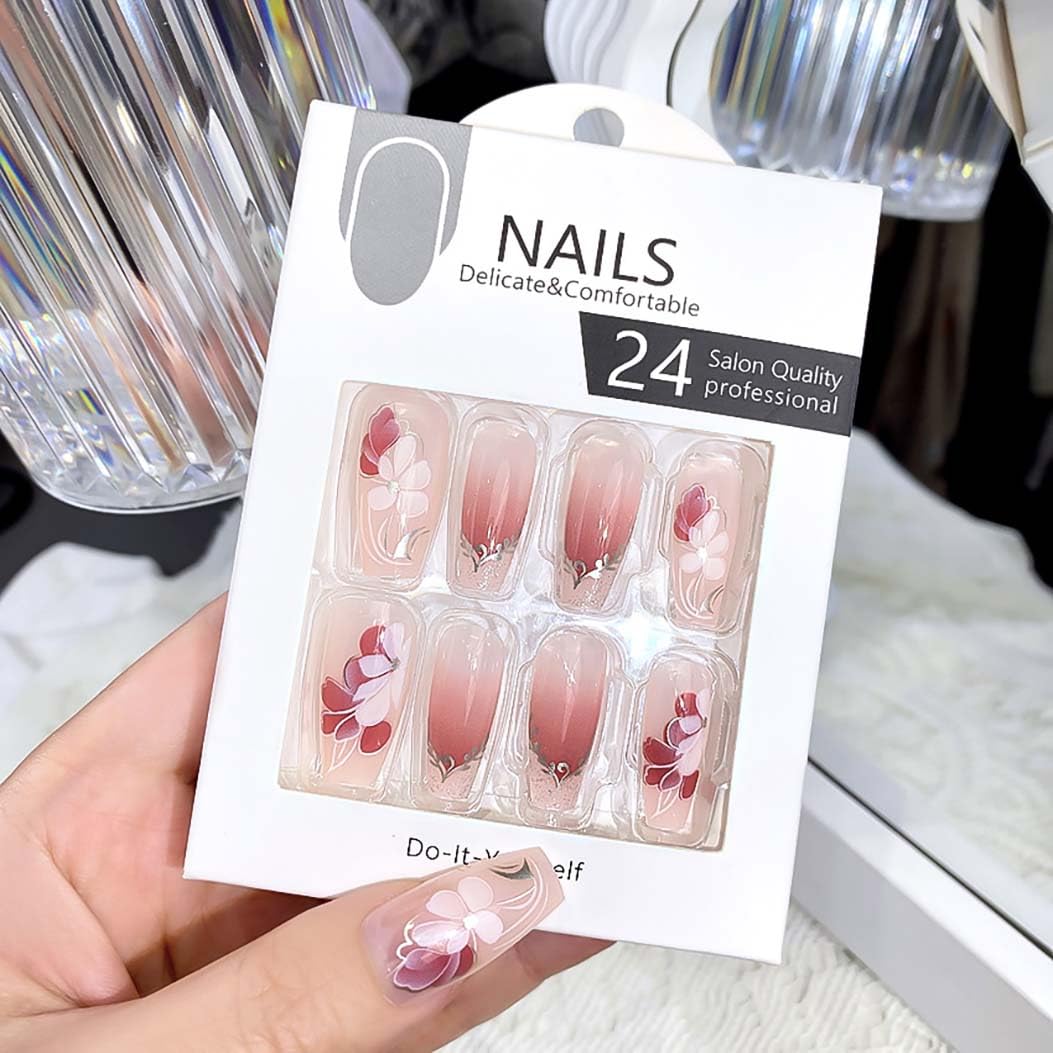 RikView Pink Press on Nails Long Fake Nails Coffin Nails with Chinese Style Glossy Full Cover Nails for Women 24 PCs/Set