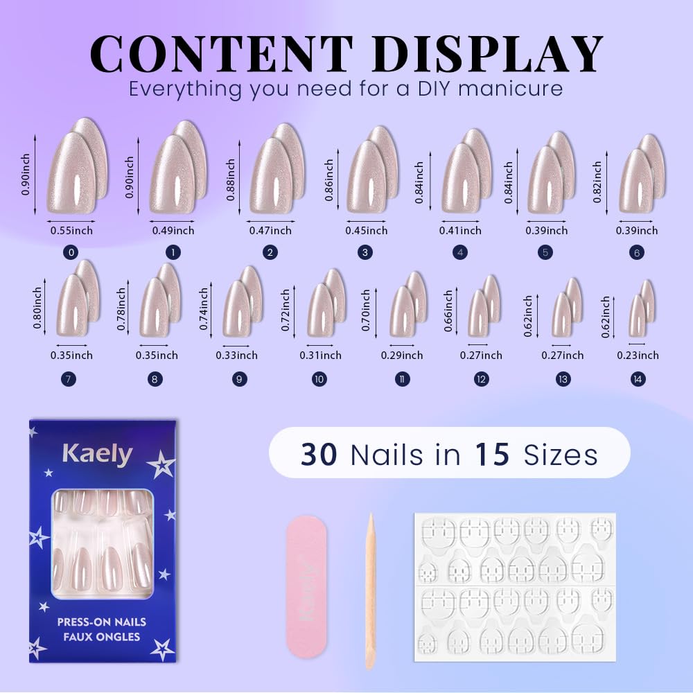 evpct Pearl Cat Eye Press on Nails Almond Medium for Women, Pearl White Medium Almond No Glue Stick on Nails with Cat Eye Design, Holographic Glossy Soft Nail, Reusable Press on Acrylic Fake Nail