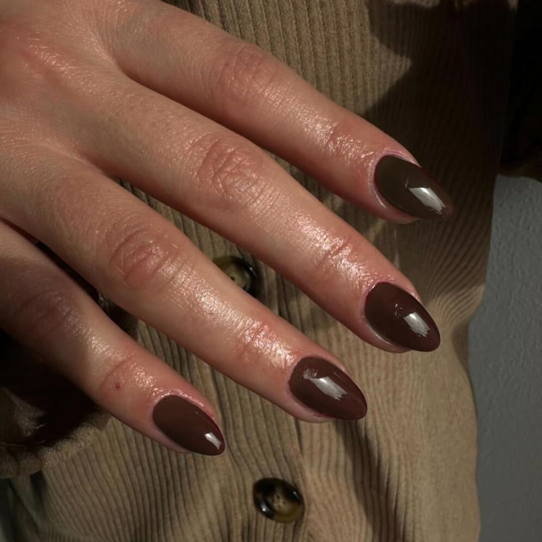 KQueenest Upgrade Thick Acrylic Fall Press on Nails Short Oval, Gel-Like Brown Nails Press on Round, Oval Fake Nails for Women Daily Wear, Natural Fit Glue on Nails Short Almond in 24 Pcs