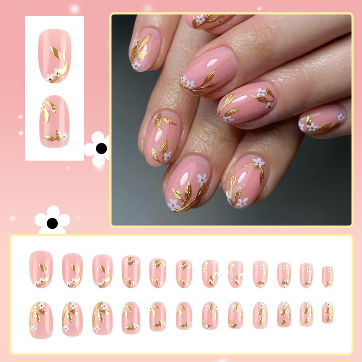 Summer Gold Leaf Press on Nails White Flower Fake Nails with Glue Full Cover Pink Glossy Acrylic False Nails for Women DIY Manicure Decoration 24PCS Reusable Artificial Nails