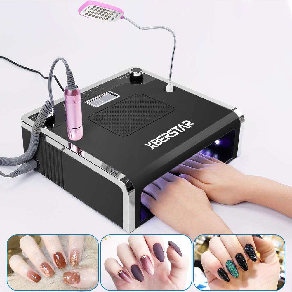 XBERSTAR Nail Dust Collector,54LED 108W 4‑in‑1 Electric Suction Dust Fan for Acrylic Gel Nails Kit Nail File Drill Professional Salon Nail Art Equipment Kit (Black)