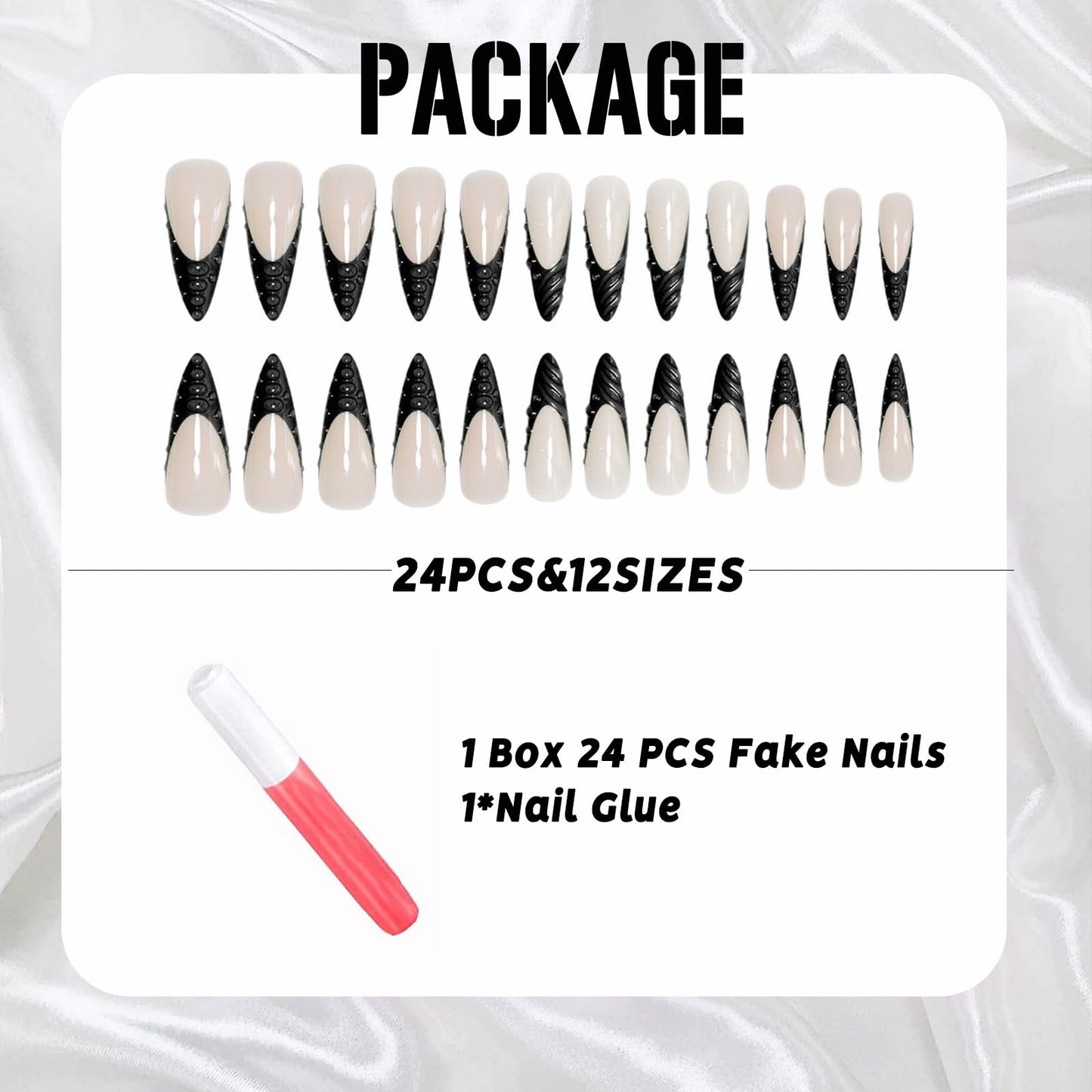 IMSOHOT Press on Nails - Long Stiletto Fake Nails Black French Tips False Nails with 3D Designs Full Cover Glossy Gel Handmade Glue on Nails Acrylic Nail Supplies