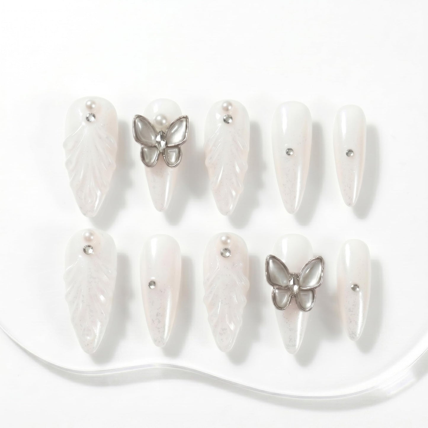 Sun&Beam Nails Handmade Press On Nails Long Stiletto Silver Glitter Butterfly Pearl Shimmer 10 Pieces for Everyday Wear and Special Occasions (#020 S)