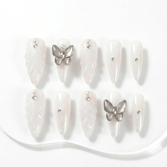 Sun&Beam Nails Handmade Press On Nails Long Stiletto Silver Glitter Butterfly Pearl Shimmer 10 Pieces for Everyday Wear and Special Occasions (#020 S)
