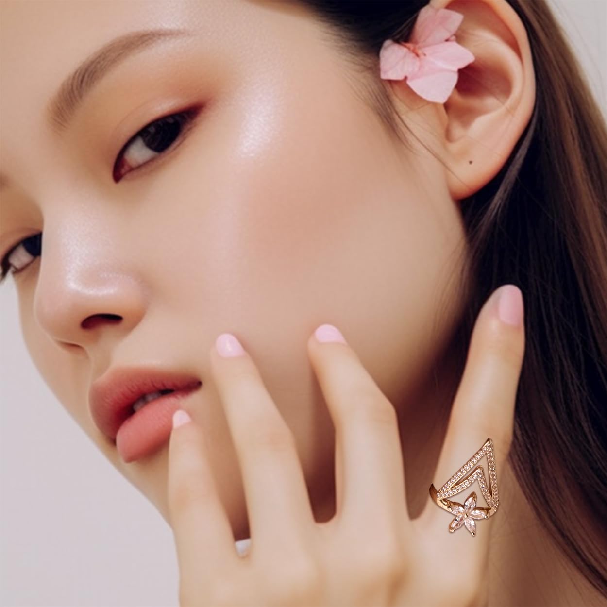 Jean Beau Finger Nail Flower Ring for Women Teen Art Rhinestones CZ Finger Cap Cover Tip Rings Gold Metal Nail Decoration Nail Protect Fashion Jewelry Gift