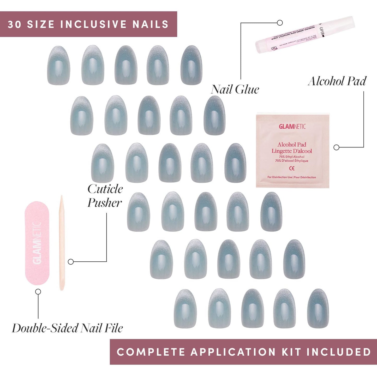 Glamnetic Press-On Nails Bundle - Unicorn Tears & Fairy Dust | Short Oval, Misty-Grey Nails with a Metallic Finish | Short Oval Beige-Pink False Nails with a Metallic Finish | Reusable, Salon-Quality