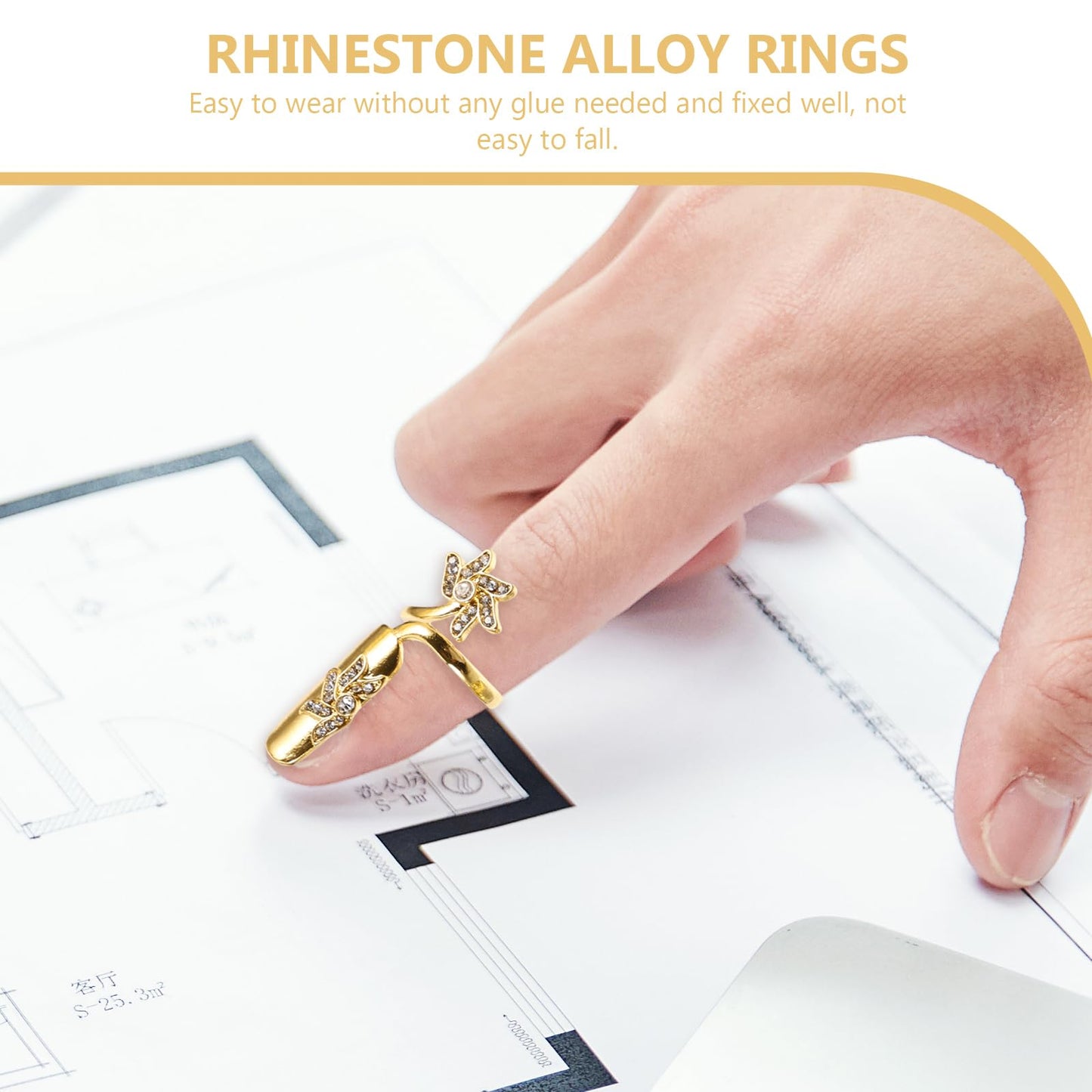 Lurrose Fingernail Rings for Women, Nail Cap Cover Ring Nail Rings Jewelry Fingertip Rhinestone Fingernail Ring Knuckle Nail Ring Decoration, 4pcs (Gold)