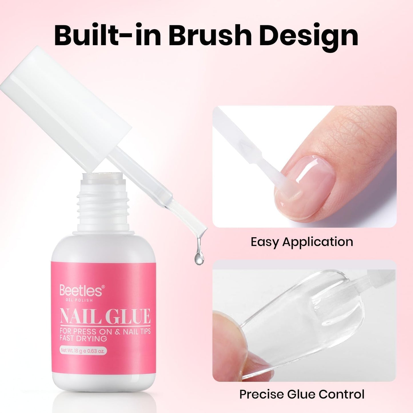 Beetles Super Strong Nail Glue for Press On Nails, Nail Tips, Acrylic Nails, 18ML Hema Free No Uv Light Needed Nail Bond Brush in Nail Glue for Press Ons, Fake Nails, Long Lasting for Beginners