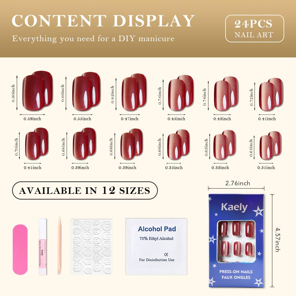 XZMeiLun Cat Eye Press On Nails - Glitter Rose Red Medium Square Magnetic Acrylic Fake Nails, Stylish Design, Salon-Quality Shiny Finish, Reusable Stick On Nails Kit for Women (No Glue Included)