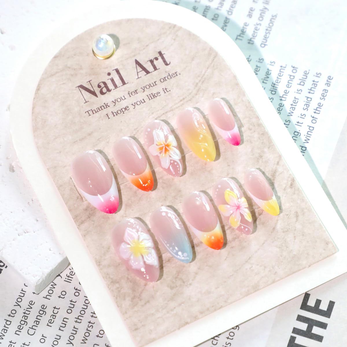 PODUOJIEYI 24Pcs Colorful French Tip Press on Nails Medium Almond ABS Acrylic False Nails with 3D Flower Designs Nude Pink Glossy Full Cover Stick on Nails for Women Girls Daily Wear