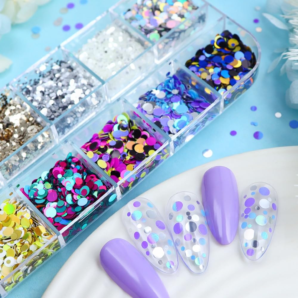 1 Box 12 Color Holographic Circle Nail Glitter Rings Nail Sequins 3D Silver Gold Nail Flakes Sparkly Glitter Flakes Shiny Nail Glitter Colorful Nail Sequins Glitter for Nails Art 12 Grids
