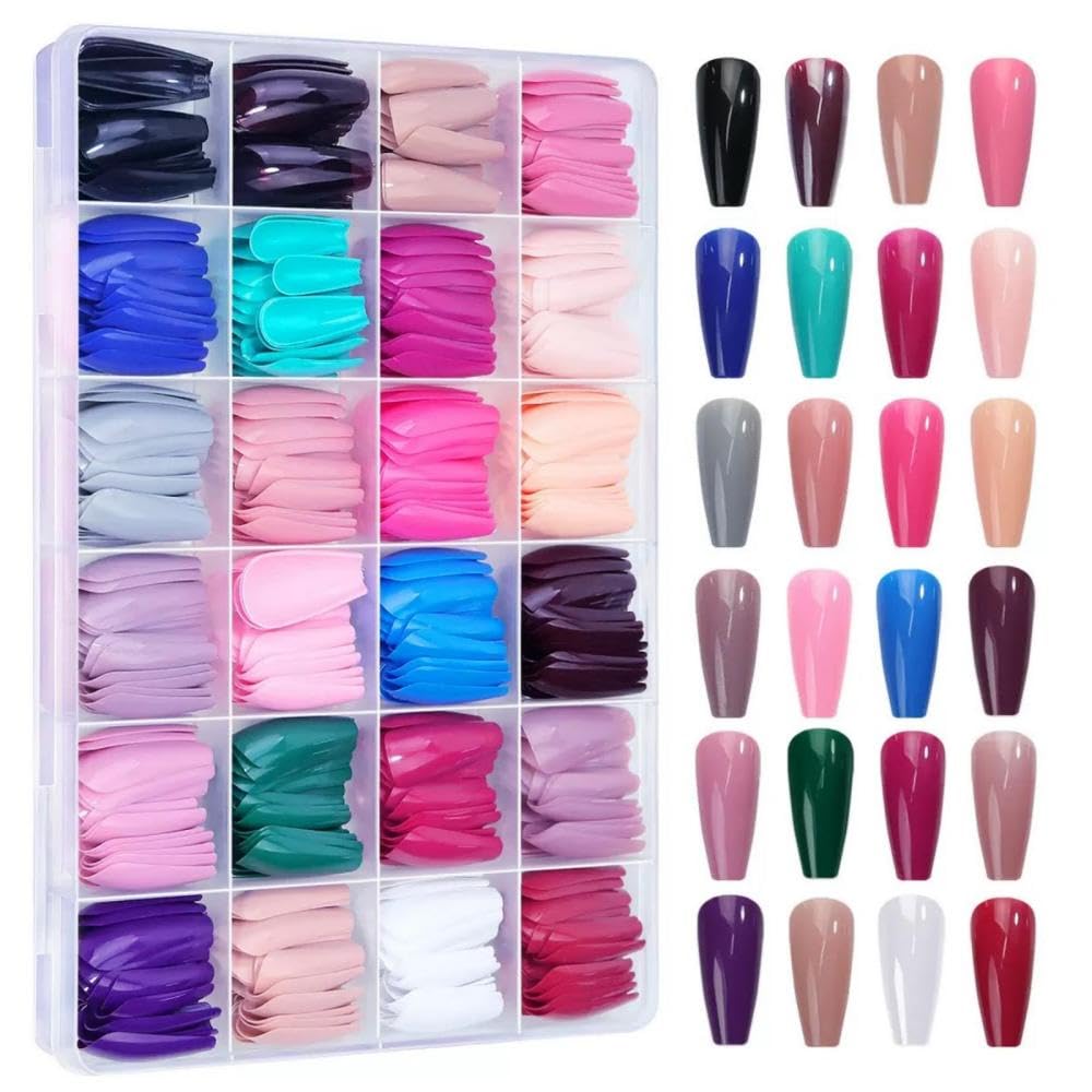 576Pcs Long Coffin Press on Nails Full Cover Color Fake Nails with Designs Glossy Summer False Nails 24 Solid Color Acrylic Glue on Nails Reusable Ballerina Stick on Nail for Women Girls Nail Art DIY