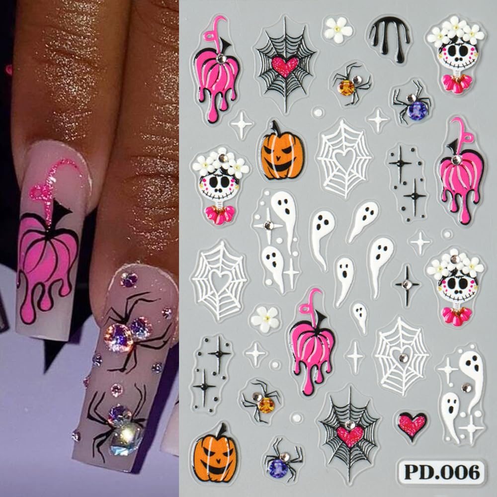2Pcs Halloween Nail Stickers 5D Embossed Self Adhesive Day of The Dead Nail Decals with Cute Ghost Design Spider Web Pumpkin Nail Art Stickers Halloween Nail Supplies Nail Art Decoration for Women