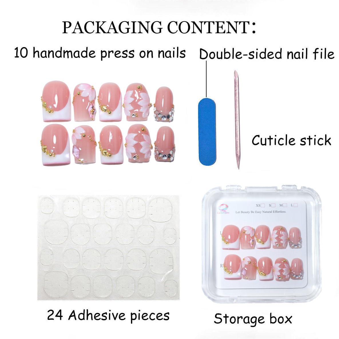 10Pcs Short Square Handmade Press On Nails | Easy Apply & Remove, Reusable Salon Quality Nails | Elegant Blush Pink Fake Nails with 3D Sakura Flower, Gold Seashell & Rhinestone Accents (O912, M)