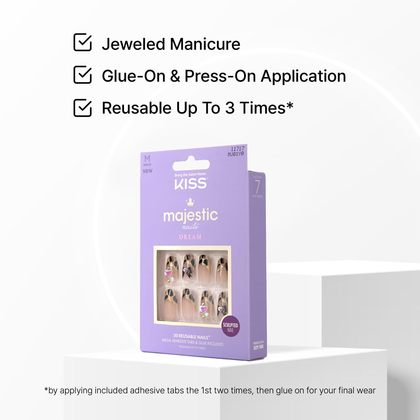 KISS Majestic, 30 Pcs Press On Nails, Medium Coffin Fake Nails, Animal Print Glitter French Tip with Bows, Reusable Stick On Extensions Full Cover Kit with Glue, Adhesive Tabs, Manicure Stick & File