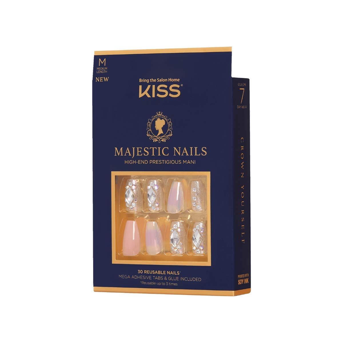 KISS Majestic Fake Nails, 'In a Crown', High-End Gel Nails, 30 Reusable Medium Length Coffin Shaped Glue-On & Press-On Jeweled Accent Glue On Nails