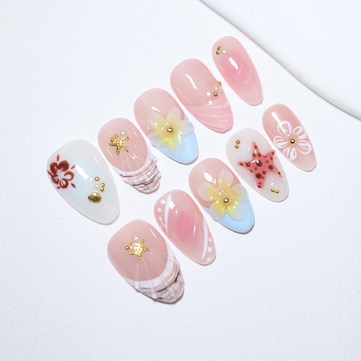 10 Pcs Short Almond Handmade Press On Nails | French Tip with Silver Starburst & Rhinestone Accents | Reusable, Easy to Apply & Remove, Salon-Quality Manicure (RR08, XS)